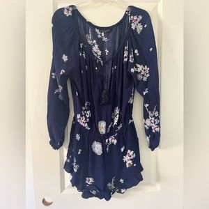 Knot Sisters  Blue Flowered long sleeve Romper, shorts